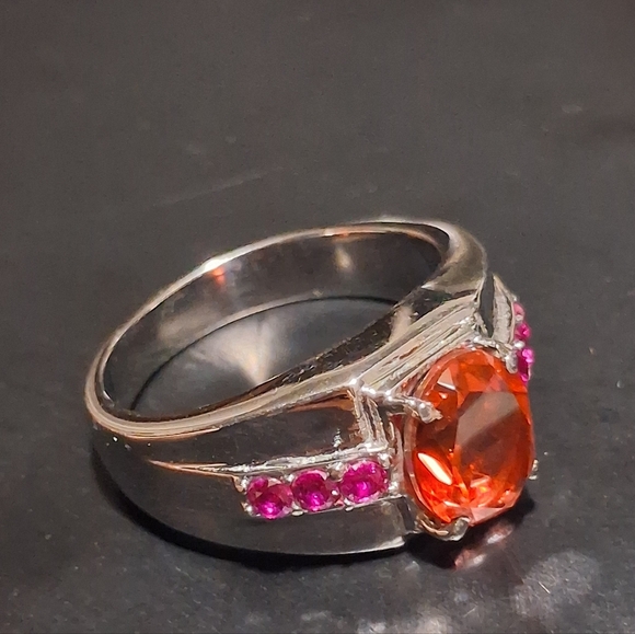 Men's Salmon Quartz & Ruby CZ Stainless Steel Ring - Picture 4 of 14